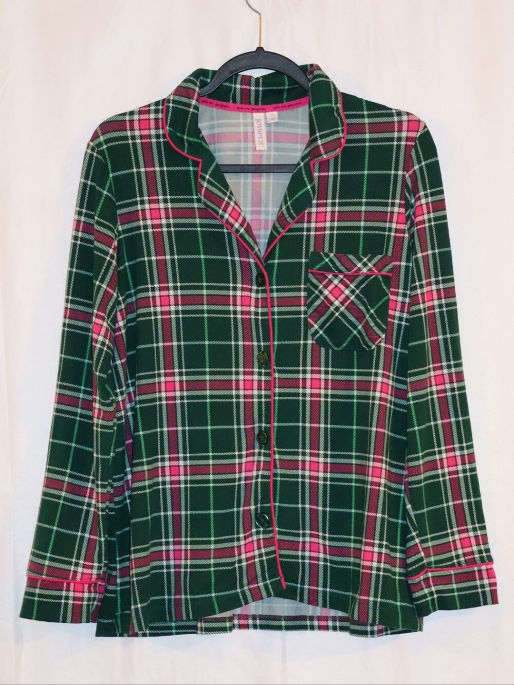 Joyspun Green & Pink Plaid Button-Up Cozy Pajama Top.